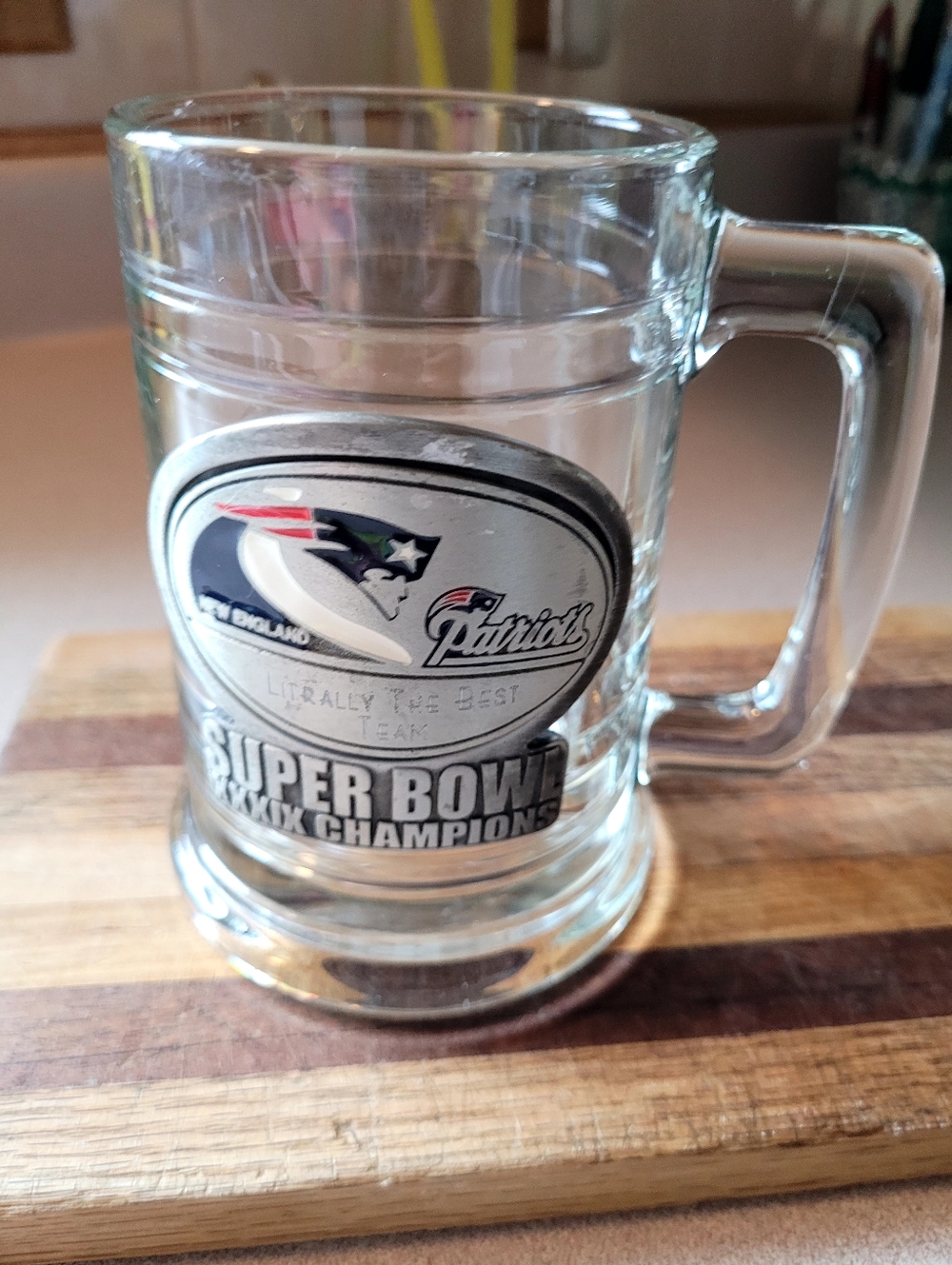 NFL Patriots Super Bowl Champions Clear Glass Beer Mug